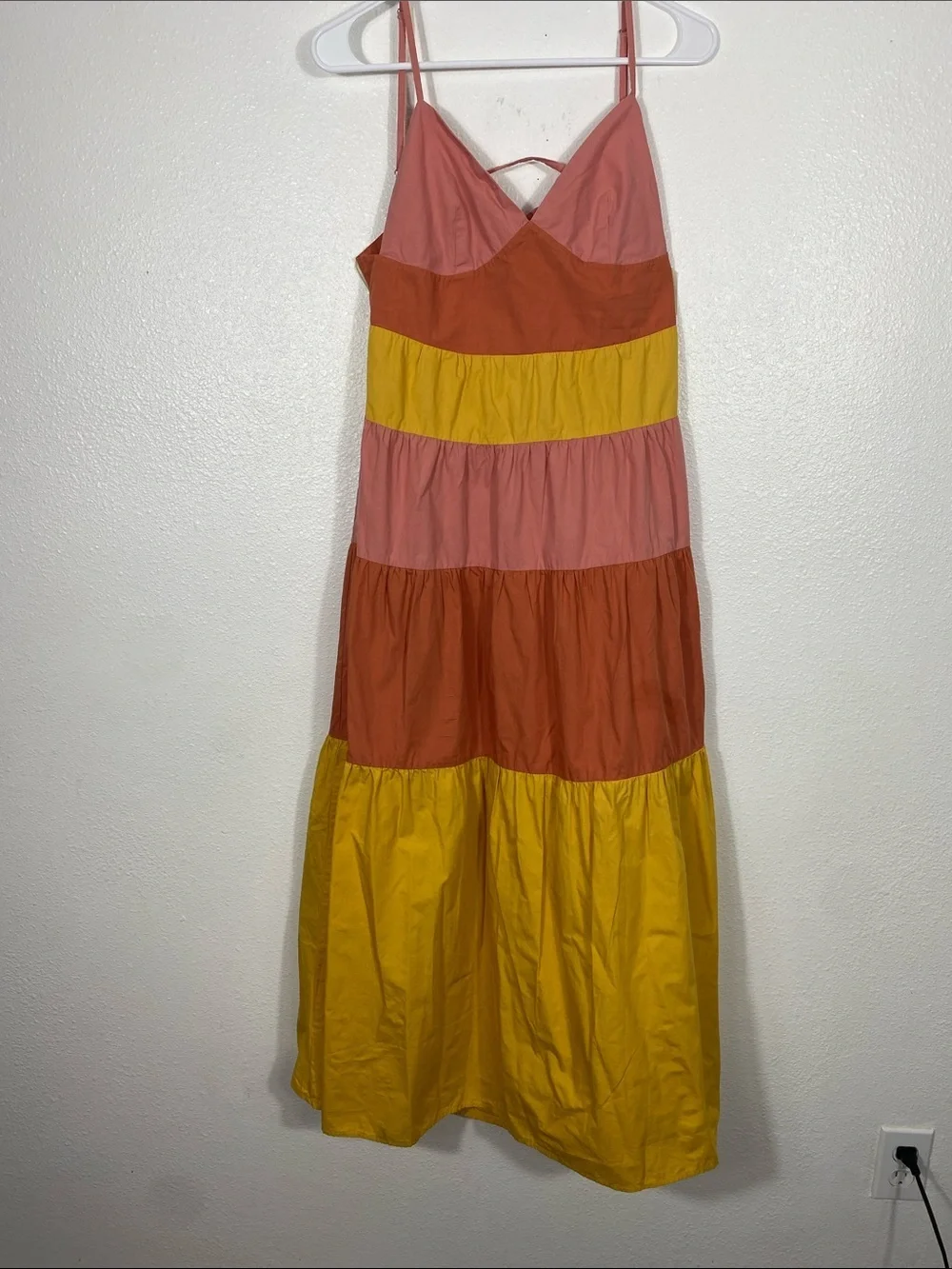 Tiered Colorblock Maxi Dress - Pink, Coral & Yellow Size L 100% Cotton